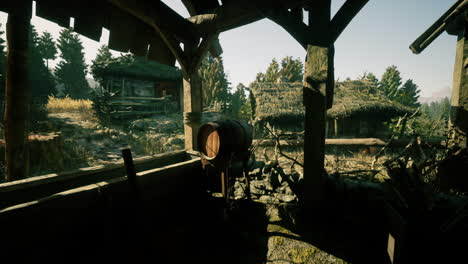 rustic view from a shed overlooking traditional thatched cottages and nature