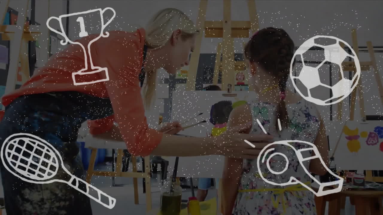 카우카시안 여성 교사와 학교 소녀에 대한 안하세요 텍스트와 학교 아이콘의 애니메이션