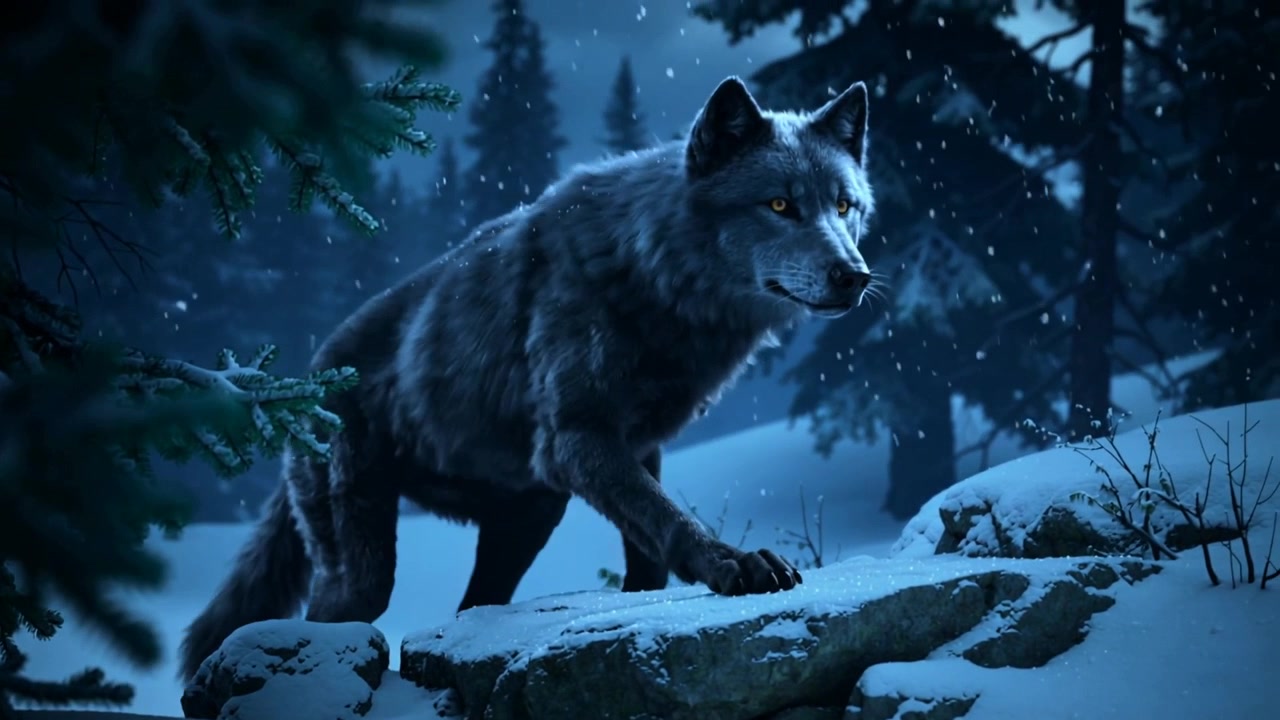 Un lobo gris solitario camina sobre una roca cubierta de nieve por la noche, detectando movimiento a lo lejos.