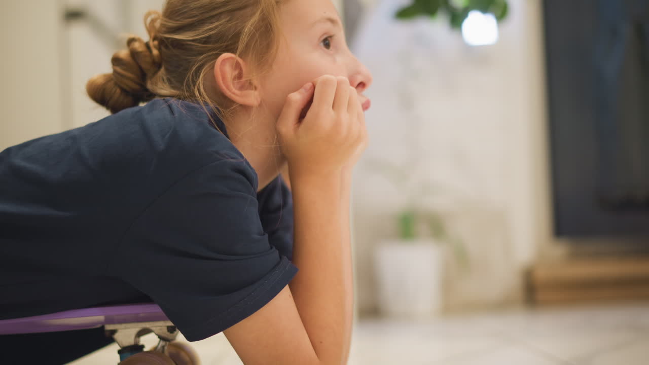 Menina branca deitada em skate, perfil lateral na cozinha, apoiando o queixo nas mãos, olhar em direção à janela, planta de interior, luz suave do entardecer, sonhando com receitas, humor de cozinheira aspirante, serena intimidade doméstica
