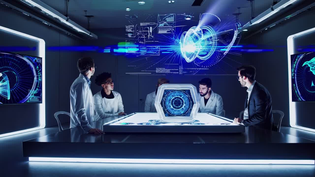 Futuristic lab scene with scientists around a glowing table, shot from a low angle