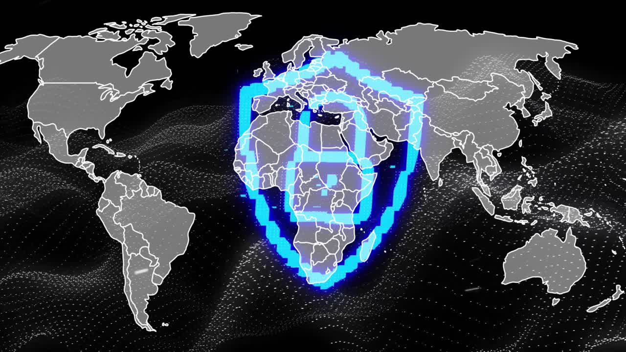 upon dark grid appearing, neon-blue shield forming into padlock, signifying global security