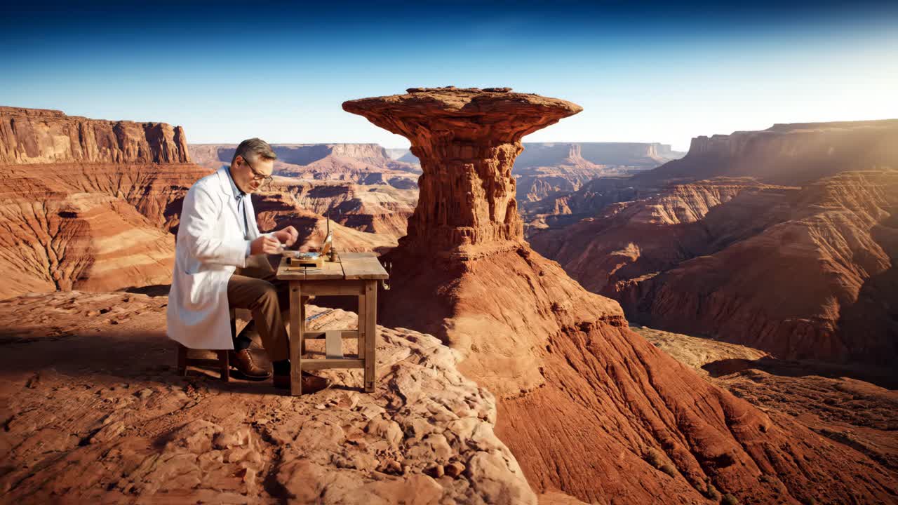 Scientist Repairing Intricate Device in Desert Landscape