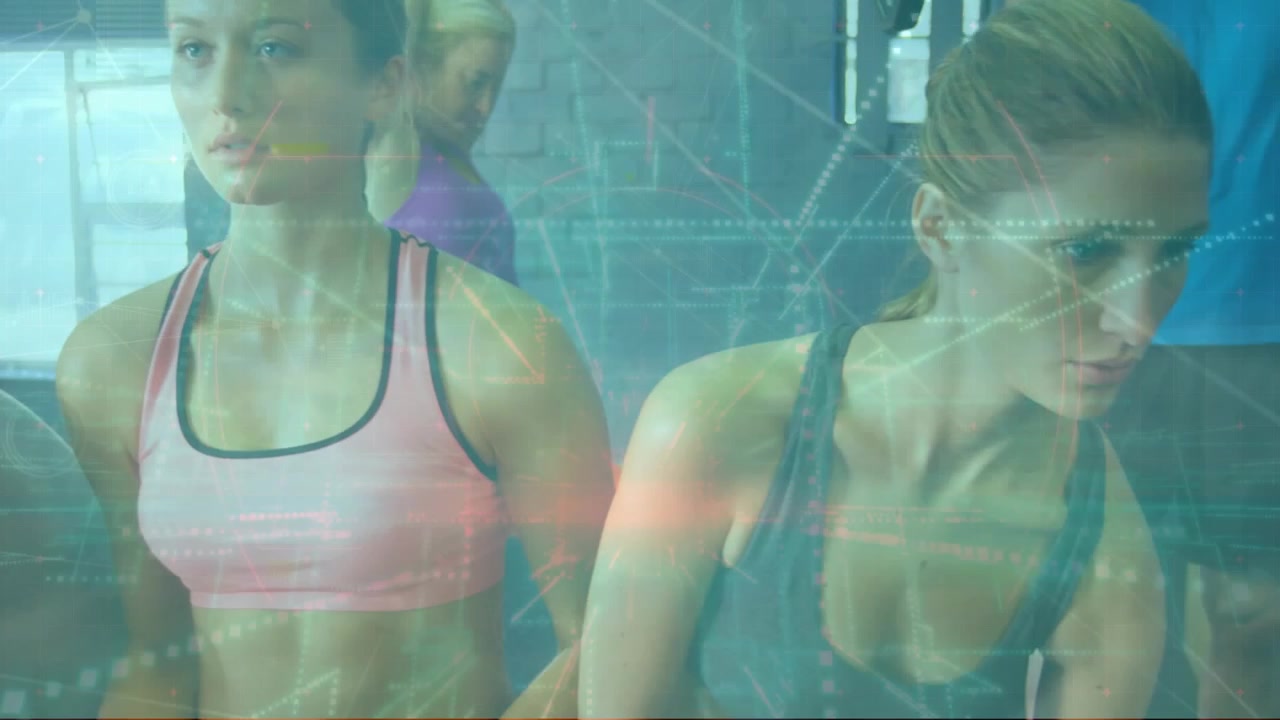 Animation of network of connections over group of caucasian people on the gym