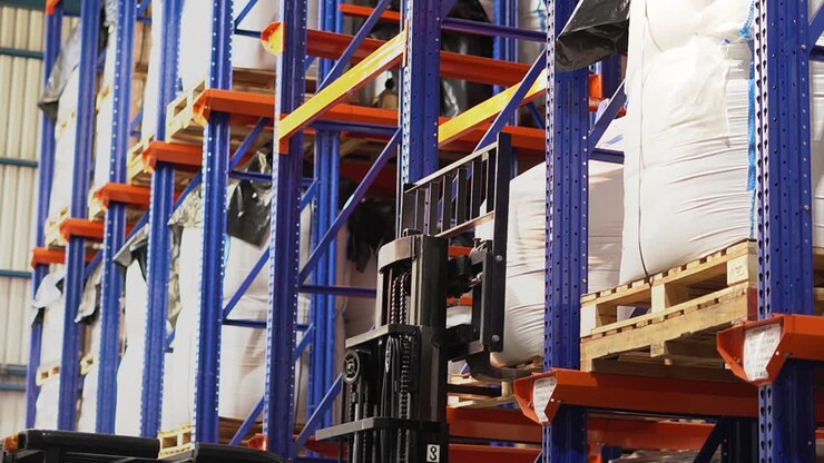 Un carrello elevatore meccanizzato sta sollevando un pesante sacco bianco dallo scaffale più alto in un magazzino completamente carico.