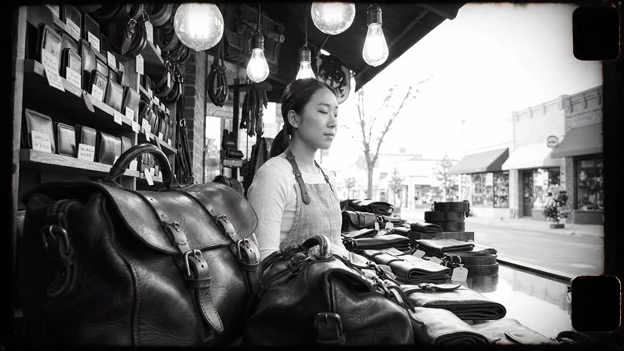 Pelletteria artigianale: un artigiano dedicato che sistema borse e portafogli fatti a mano in un'affascinante boutique con arredamento vintage e illuminazione calda.