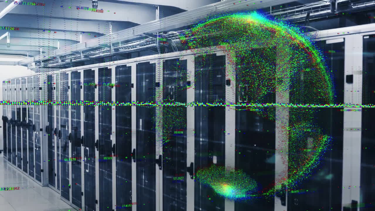 Animation of glowing pixel globe and data processing over server room