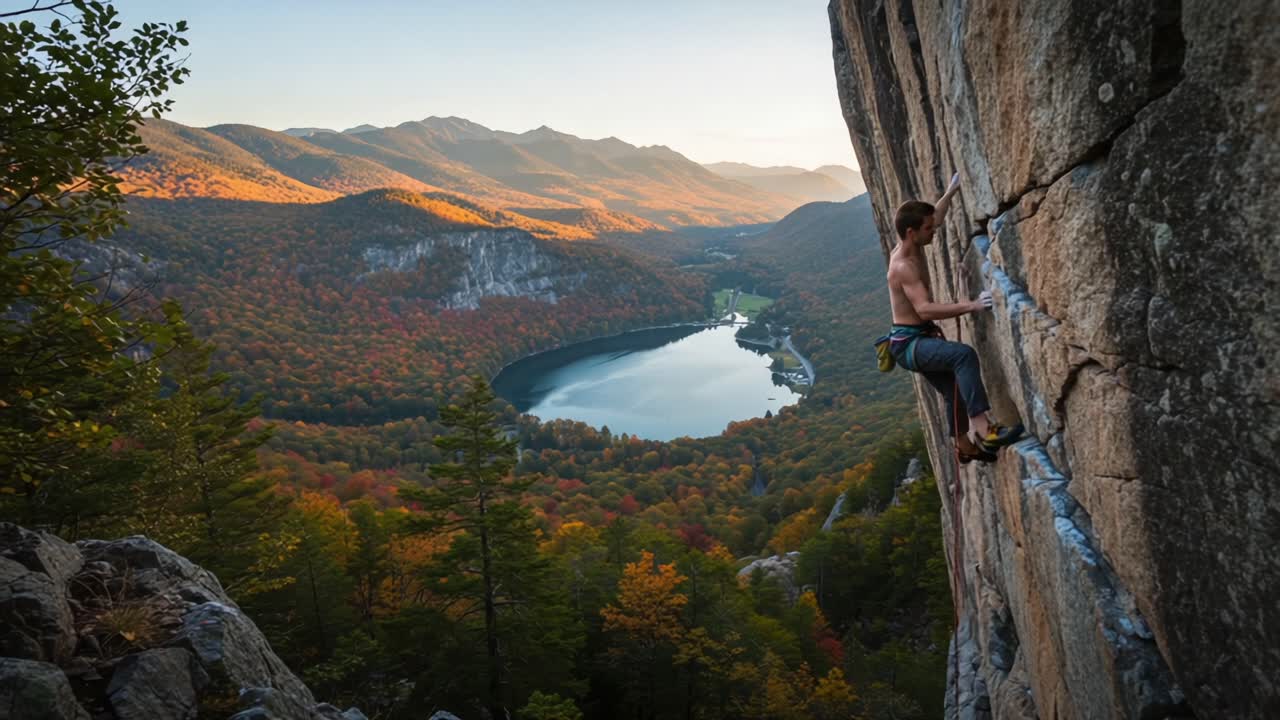 A fearless climber ascends a challenging rock face, surrounded by breathtaking autumn landscapes and a serene lake, showcasing the spirit of adventure and nature's beauty