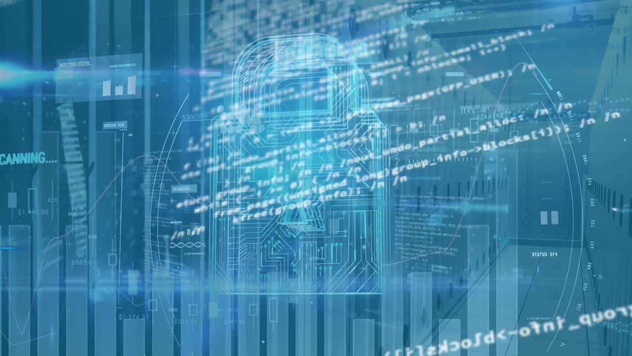 Animation of digital data processing and digital interface and grid over blue background