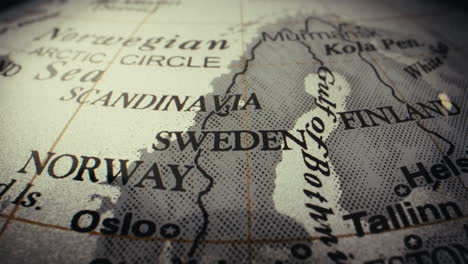 close-up view of a world map focusing on scandinavia