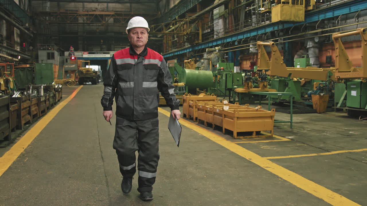 Male Plant Supervisor Walking Along Tractor Factory