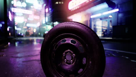 mysterious abandoned tire rests on wet street in neon lit urban environment