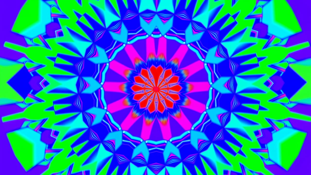 Vibrant Kaleidoscopic Mandala Radial Pattern Pulses With Neon Blues, Greens And Magenta Layers Forming