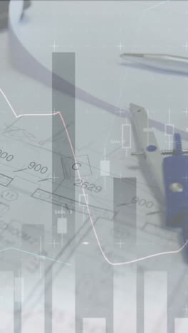 animación de estadísticas y procesamiento de datos financieros sobre planes de arquitectos y brújula