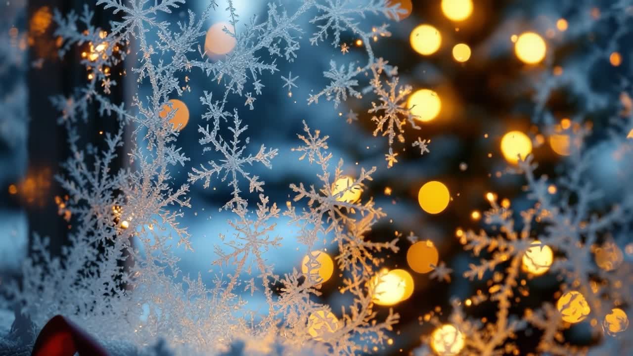 Snowflakes delicately frame a scene filled with warm, glowing lights, creating a cozy winter ambiance, perfect for holiday themes and seasonal decorations with copy space available