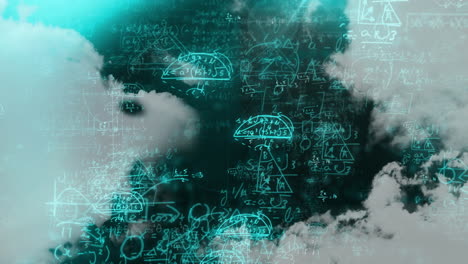 animation of mathematical data processing over clouds background