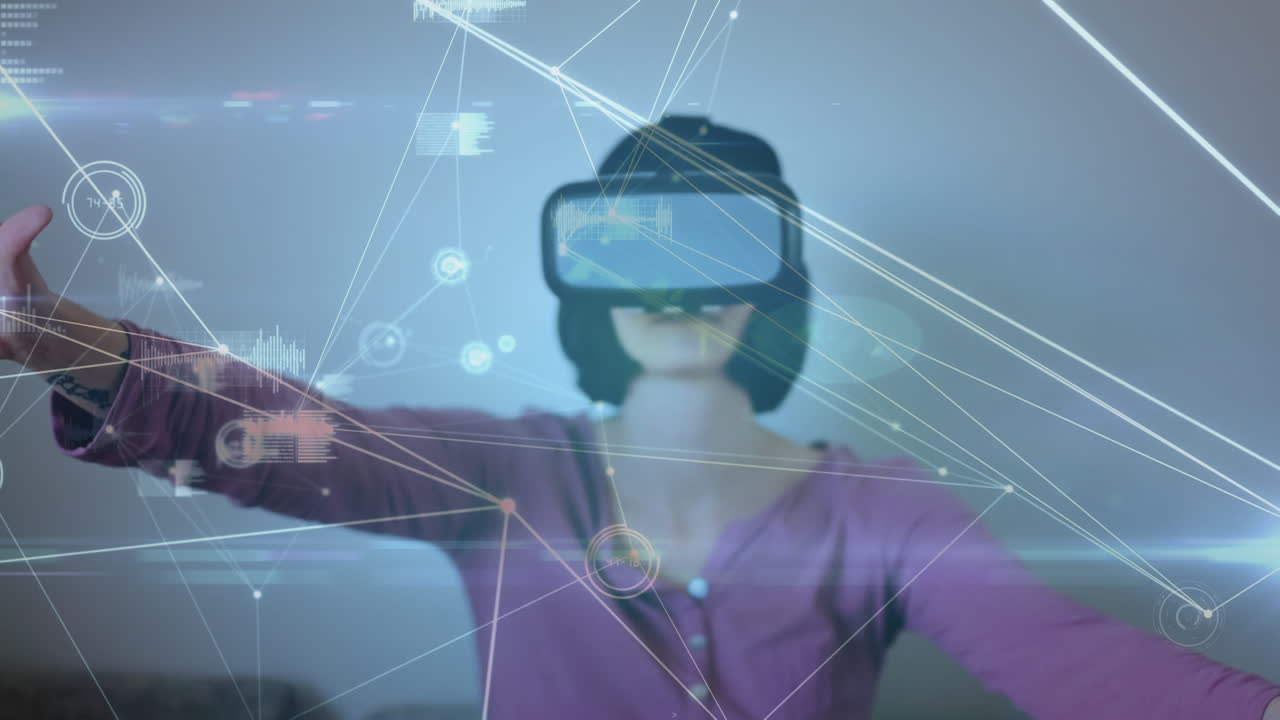 Animation of network of connections over caucasian woman wearing vr headset