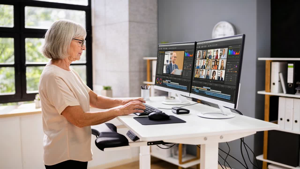 Vertical video: Woman responding to office meeting on dual screens, typing and using speaker window