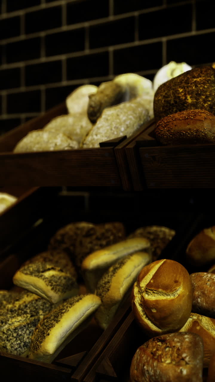 Breads displayed in wooden baskets at a bakery showcasing variety