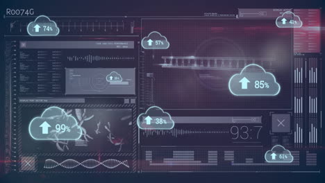 animation of cloud icons and data processing over dark background