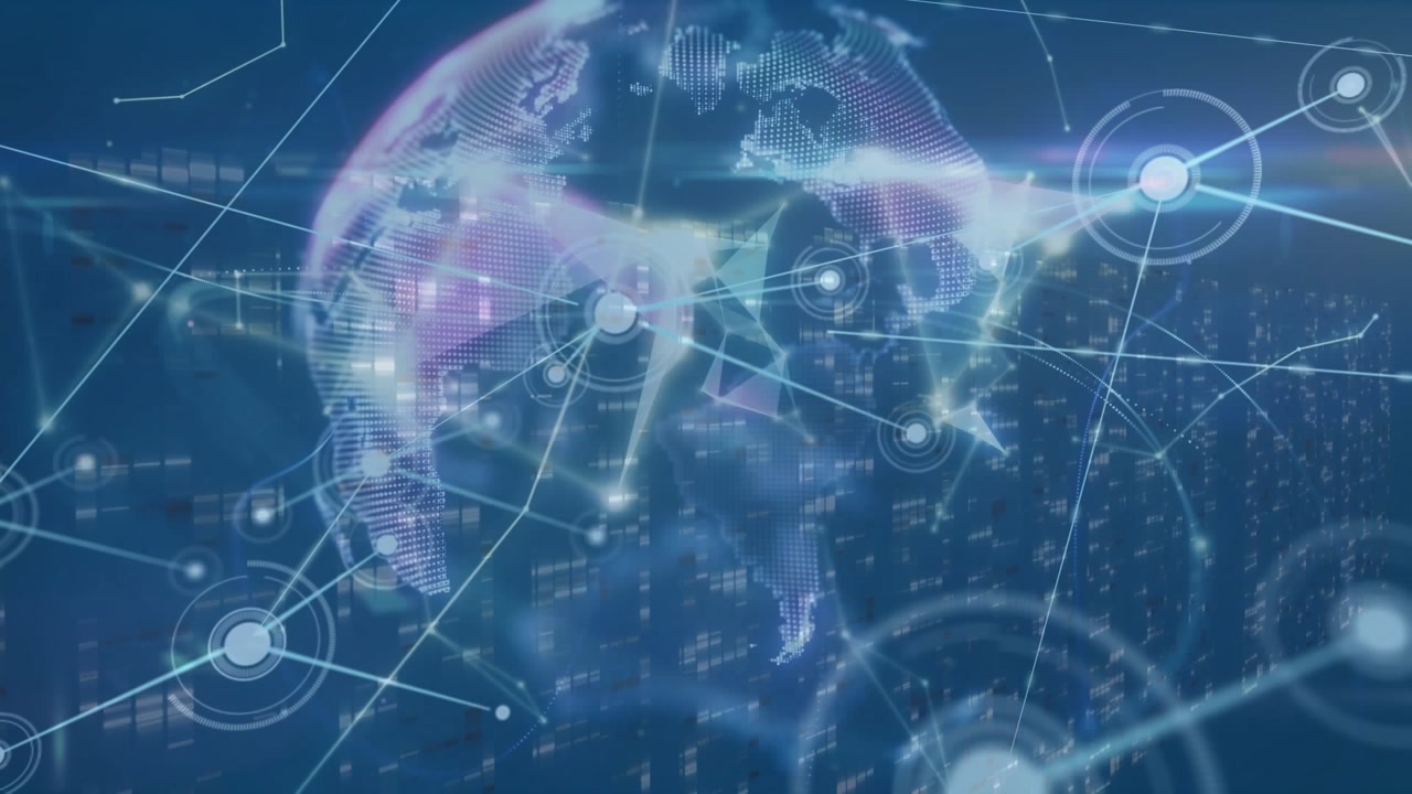 Animation of network of connections and globe of plexus networks against blue background