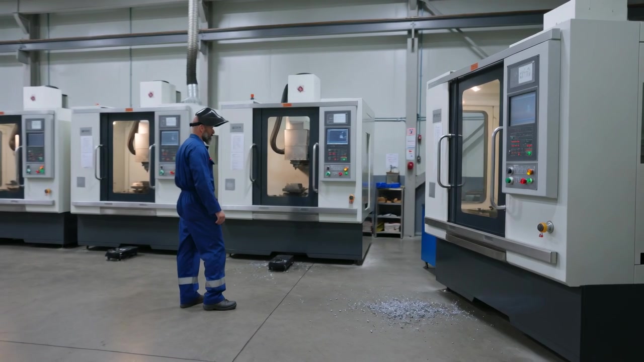 Walking worker in blue coverall spotting metal chips and inspecting CNC on factory floor