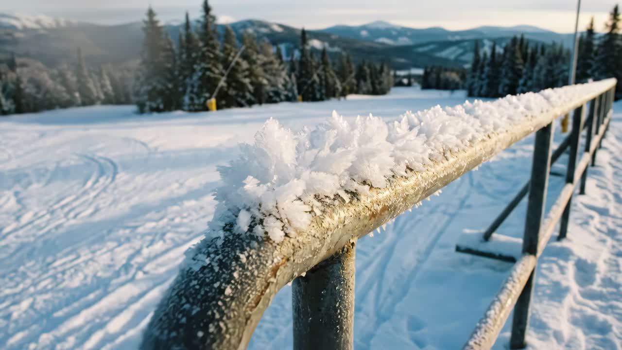 Närbild av rimfrostkristaller på ett metallräcke på vintern