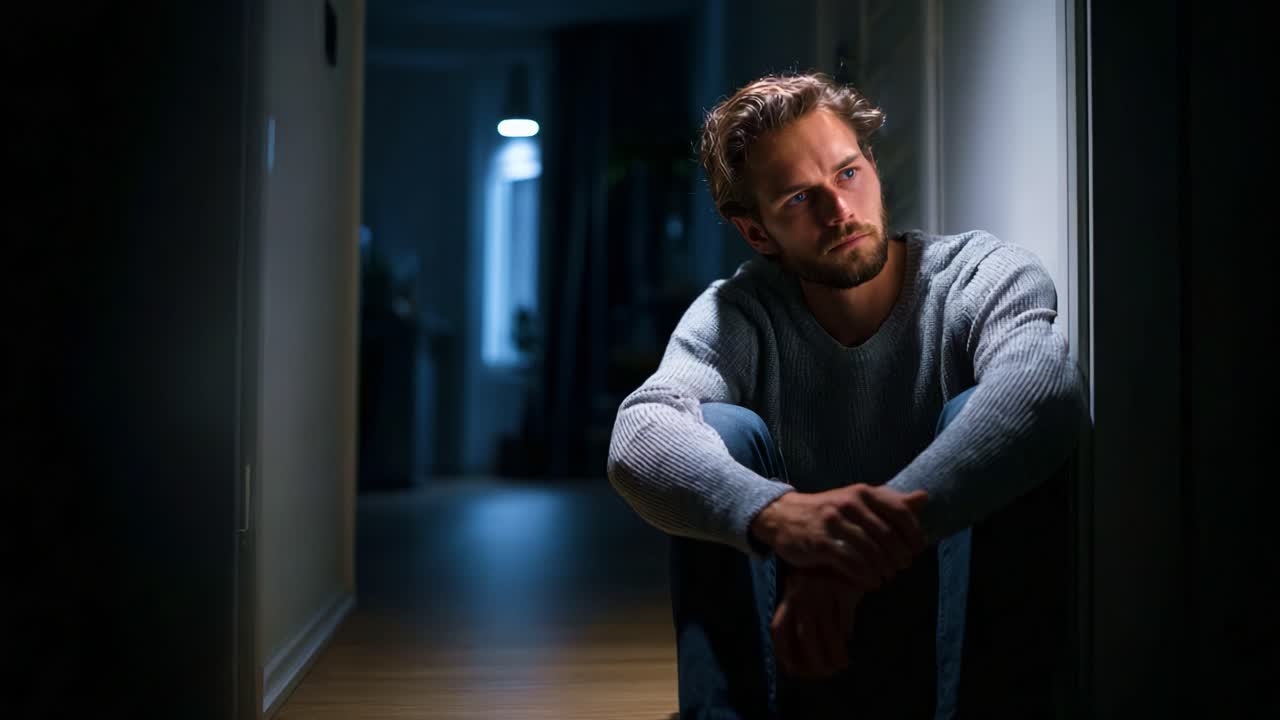 A Contemplative Man Sitting Alone in a Dimly Lit Hallway, Lost in Thought and Reflection, Capturing a Moment of Introspection and Solitude at Night