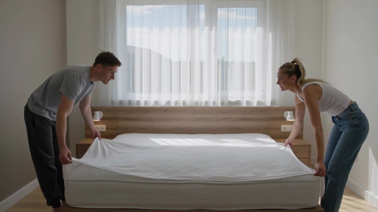 Pareja con camisetas grises levantando una sábana sobre una cama queen, comenzando la mañana, desdoblando y alisando