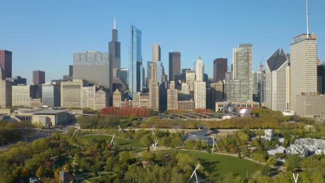 pedestal up reveals chicago's famous millennium park on clear autumn afternoon