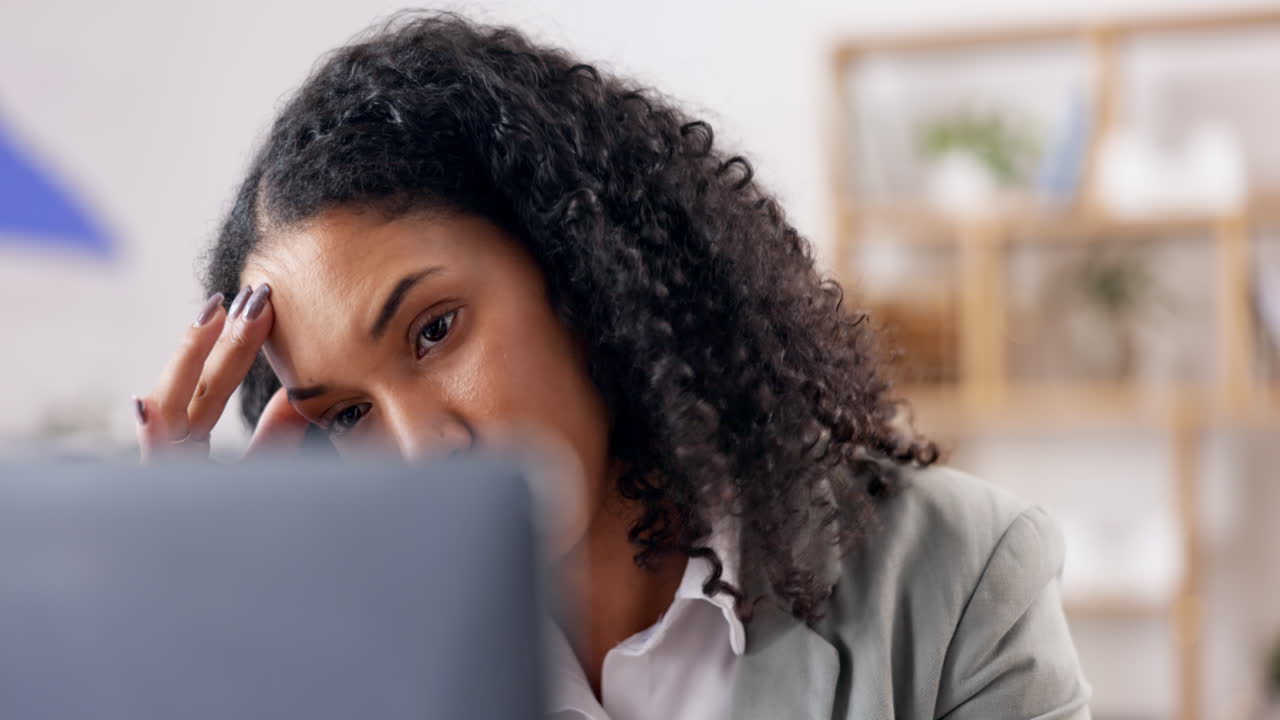 Mistake, laptop or business woman frustrated