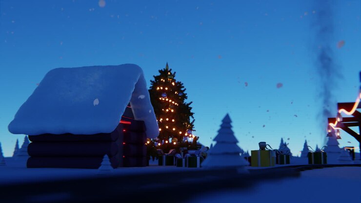 Christmas Cabin Scene at Night