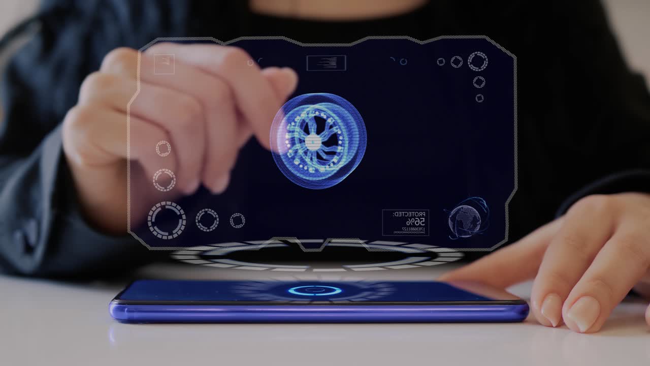 여성 손은 홀로그램과 상호 작용하며 자동차 바를 회전시니다.