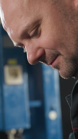 close-up of a focused male mechanic in a blue uniform intently inspecting something in an automotive workshop with industrial equipment in the background