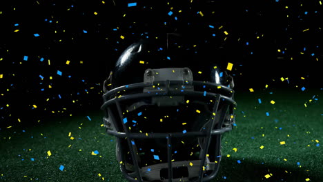 colorful confetti falling around football helmet on grass, creating animation effect