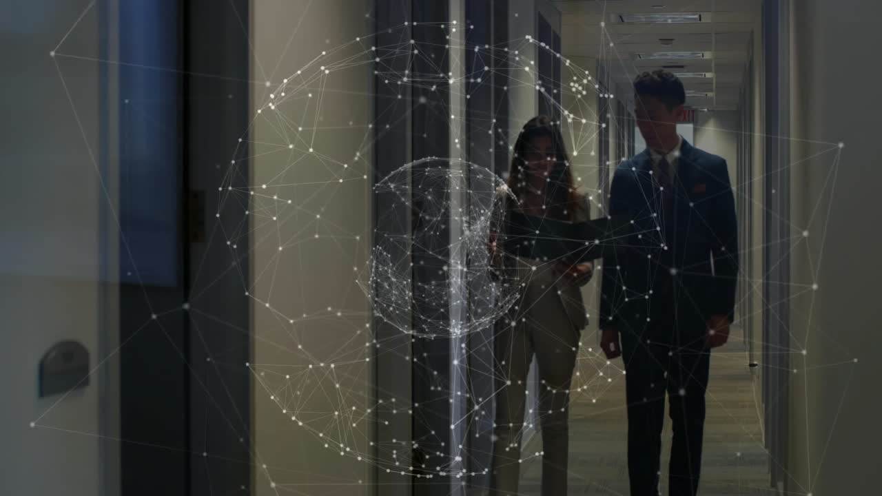 animación de la red de conexiones con el mundo a través de diversos colegas hablando en la oficina