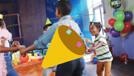 animación de cono con serpentinas de fiesta sobre niños que se divierten en la fiesta