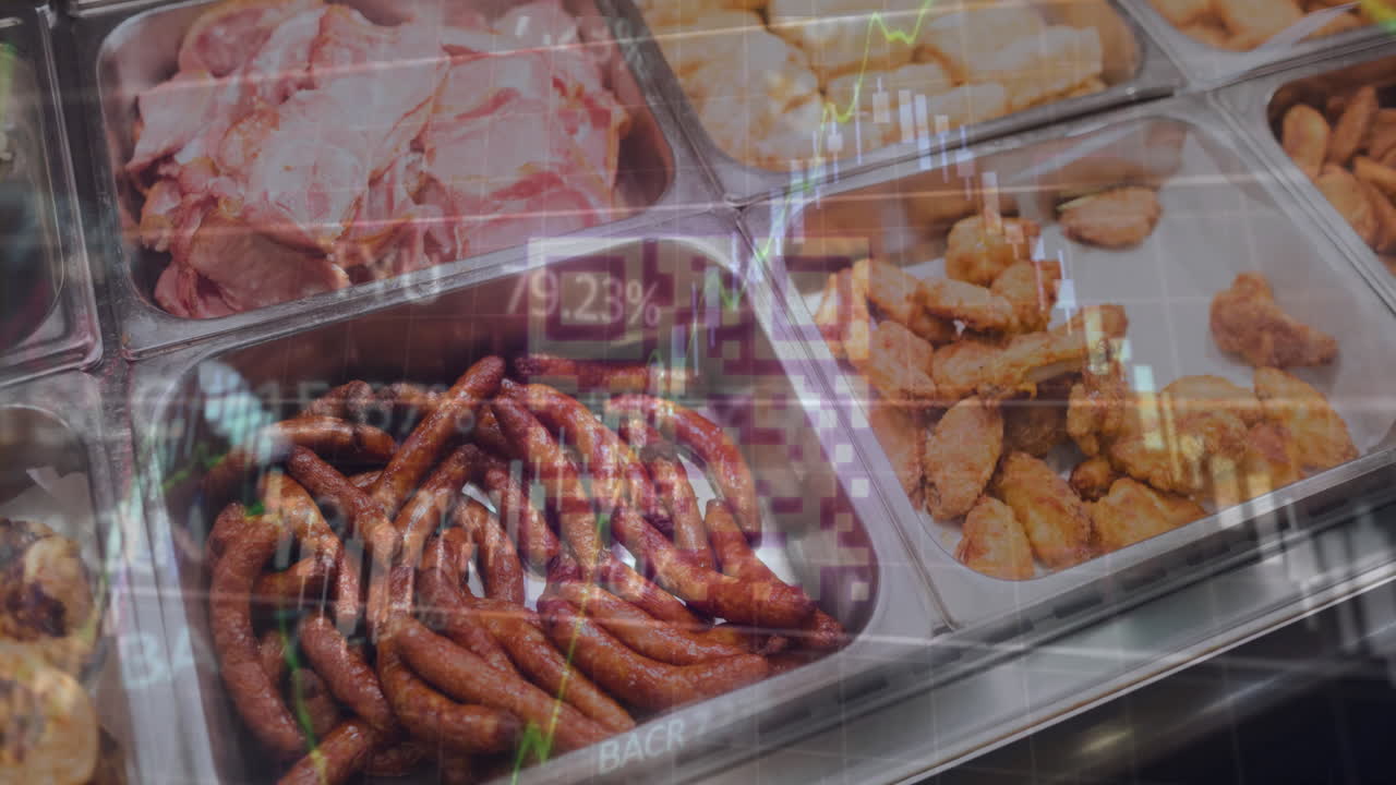 animación de gráficos y código de escaneo qr sobre alimentos frescos en contenedores para la venta en la tienda