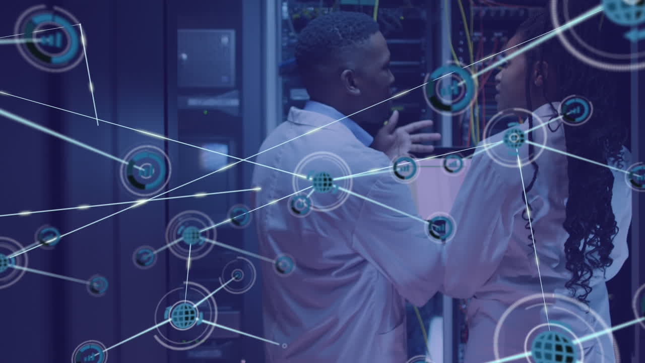 Animation of network of connections over african american coworkers in server room