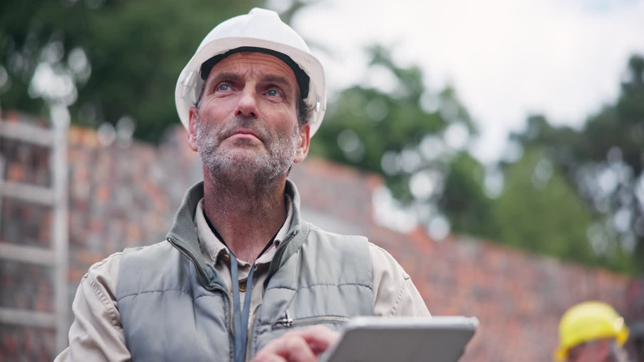 Construction worker using a tablet on site