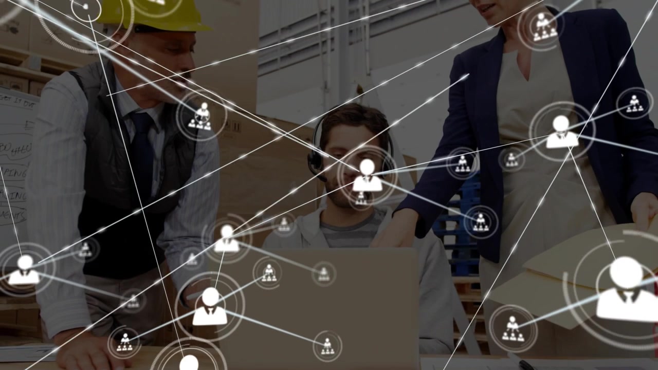 Woman presenting folder initiating network while team leaning and pointing at laptop, showing links