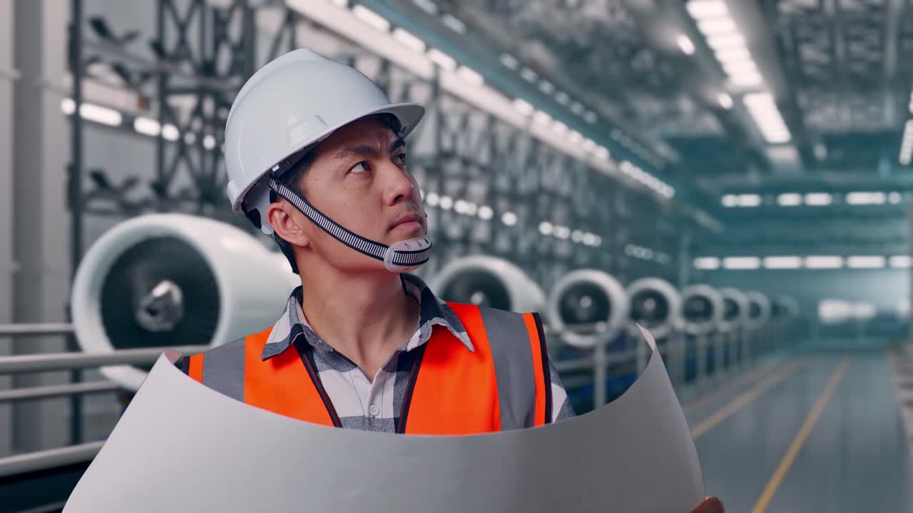 Close Up Of Asian Male Engineer With Safety Helmet Looking At Blueprint In His Hands And Looking Around While Standing, Aircraft Engine Manufacturing and Assembly Line in a Modern Factory