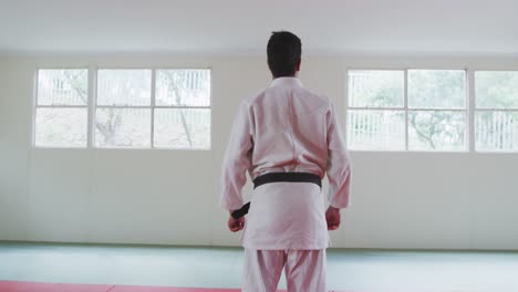 rear view judoka standing on the judo mat