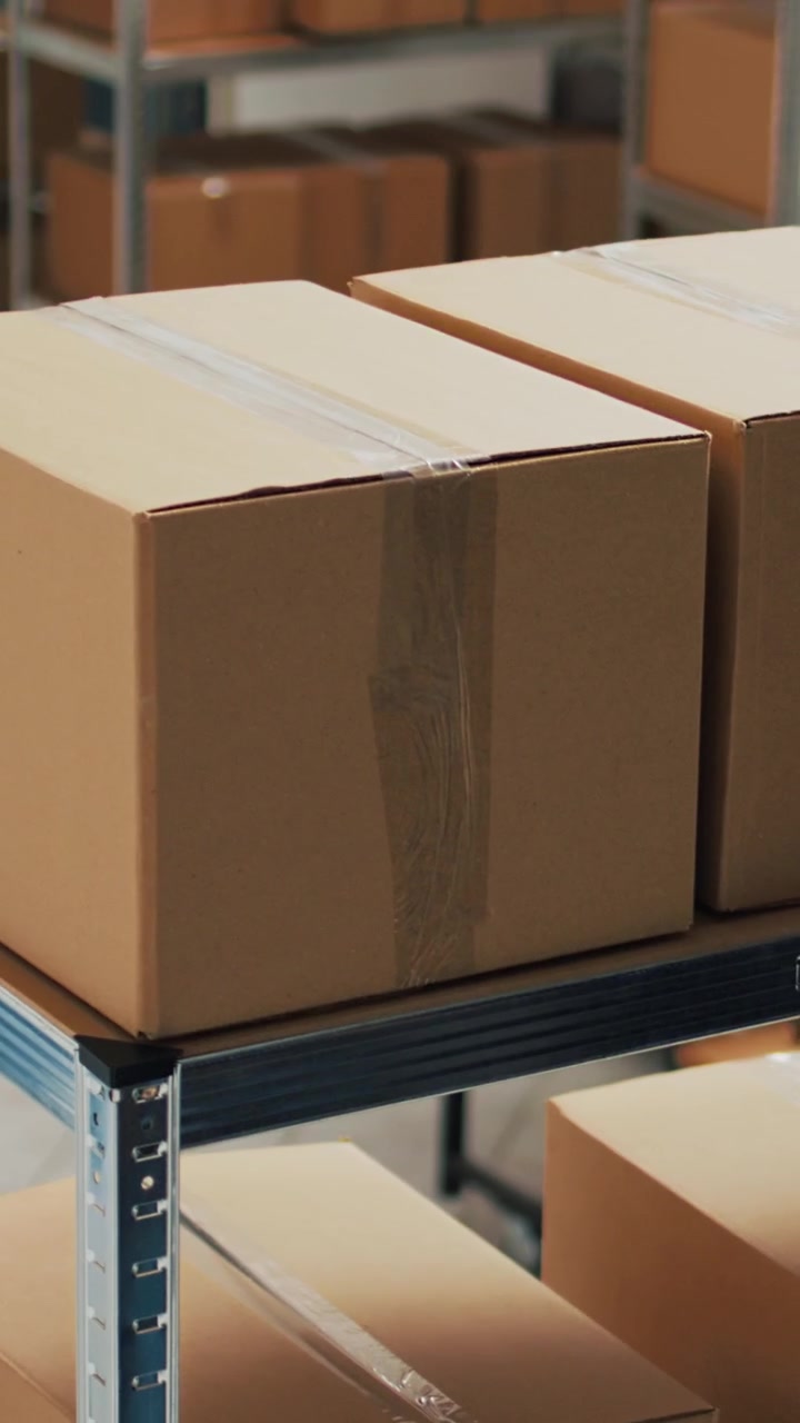 Vertical video: Empty warehouse with office desk space and shelves