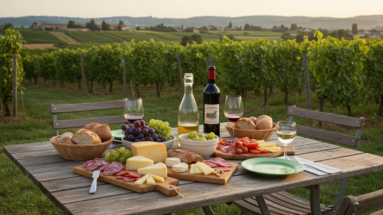 A Serene Evening Feast Amidst Vineyards: A Lavish Spread of Cheeses, Meats, and Fresh Fruits Bathed in Golden Sunset Light