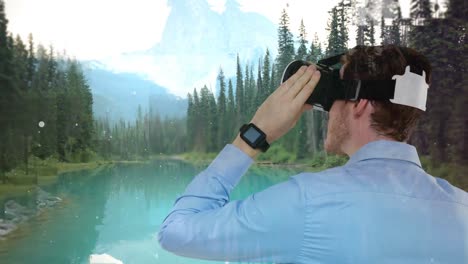hombre usando vr con el paisaje forestal