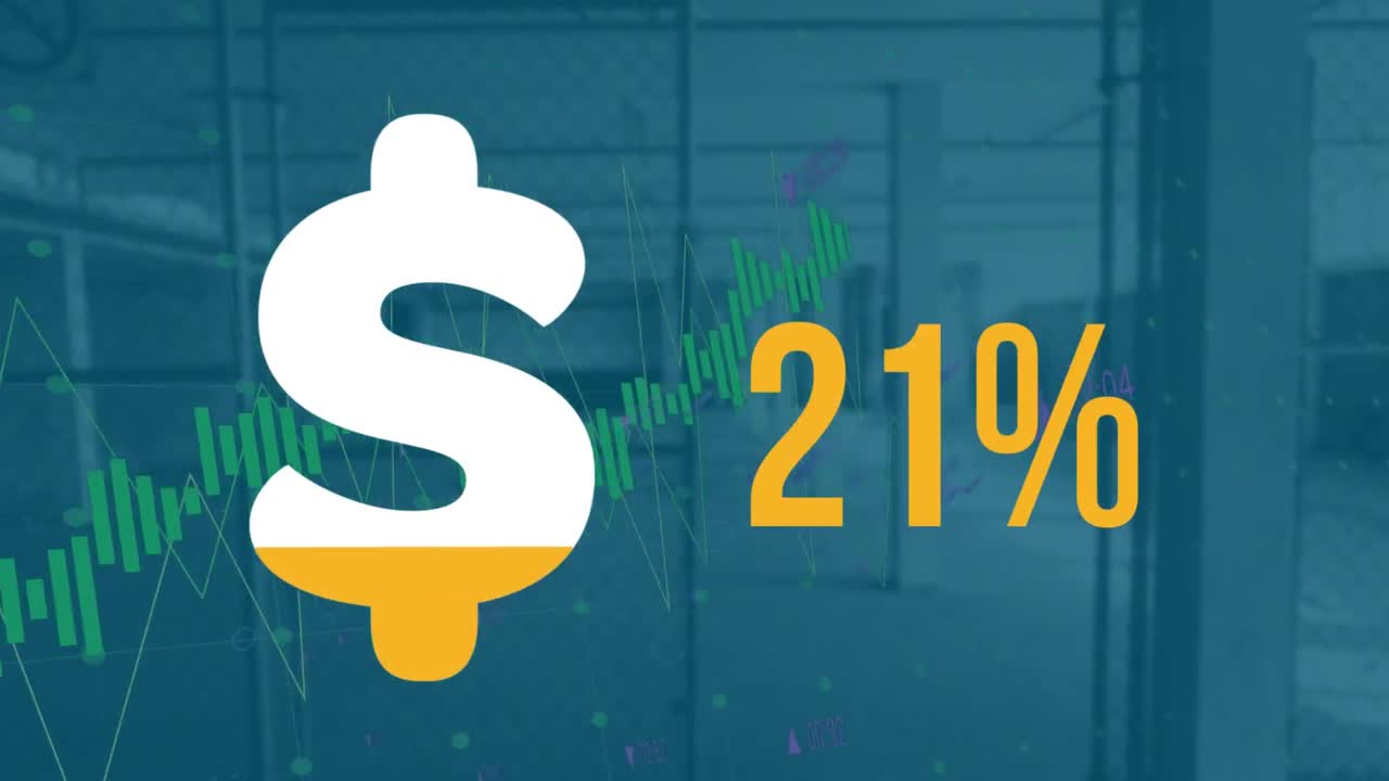 Animazione del simbolo del dollaro che si riempie, percentuale in aumento ed elaborazione dati su sfondo di parcheggio.