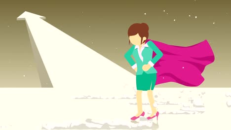 arrow graph up. superhero standing near a cloud of dust. business woman symbol. leadership and challenge concept. comic loop animation.