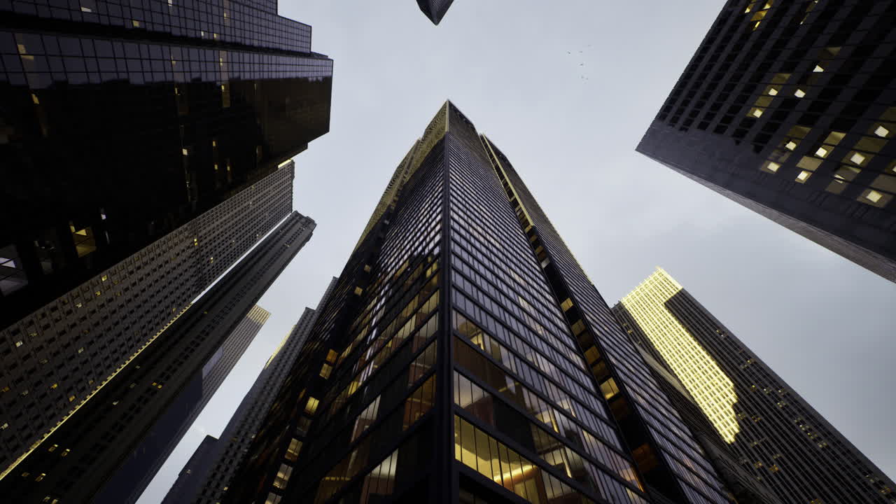 Skyward view of modern skyscraper amidst urban architecture in twilight