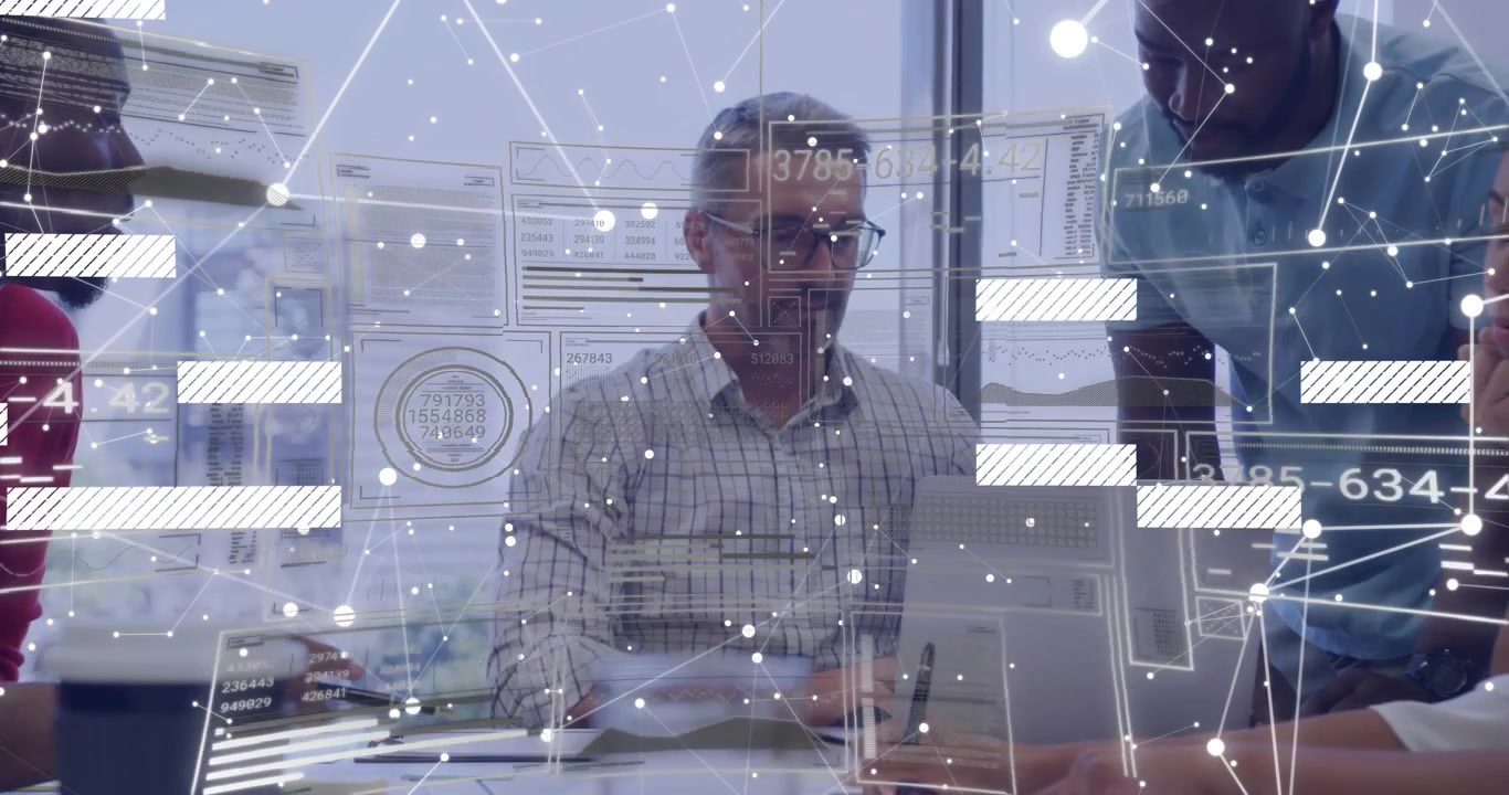 Vertical video: Lead reaching papers, team pointing laptop, reviewing with data overlay in business